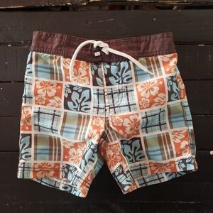 Gymboree Baby Boy 12-18 Months Swim Trunks Brown Orange Blue Plaid Hibiscus
